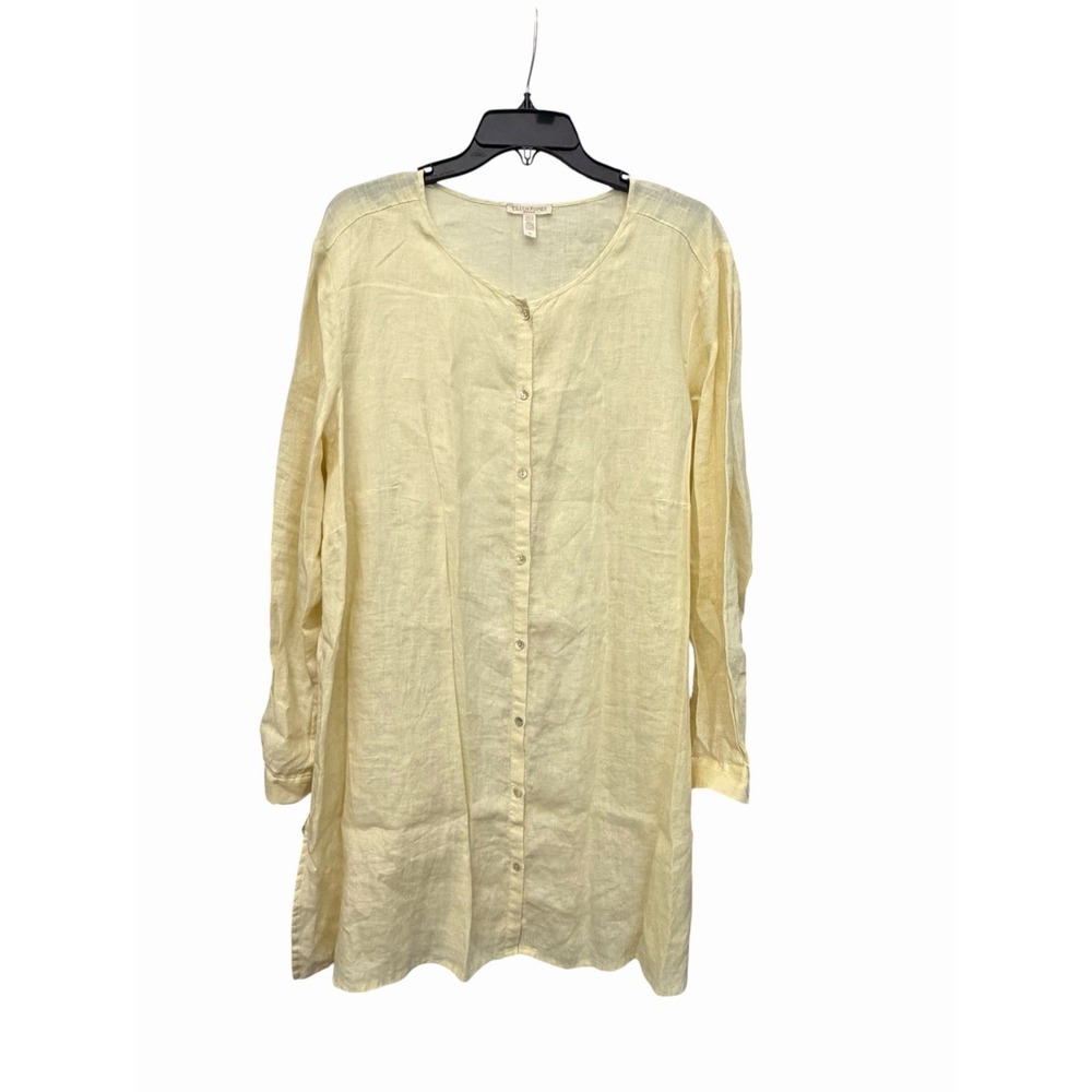 Eileen Fisher Shirt Women's Medium Yellow 100% Organic Linen 3/4 Sleeve #KKK3-4